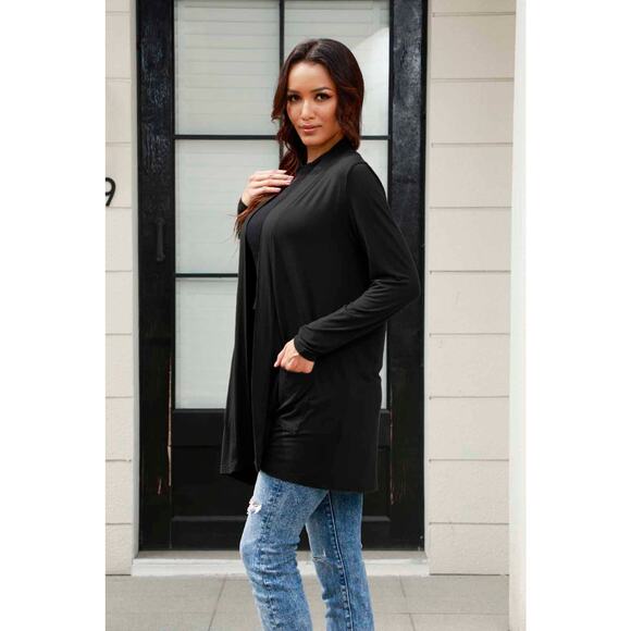 BASIC BAE Onyx Black Charcoal Gray Open Front Long Sleeve Cardigan Pockets NEW - Picture 2 of 5